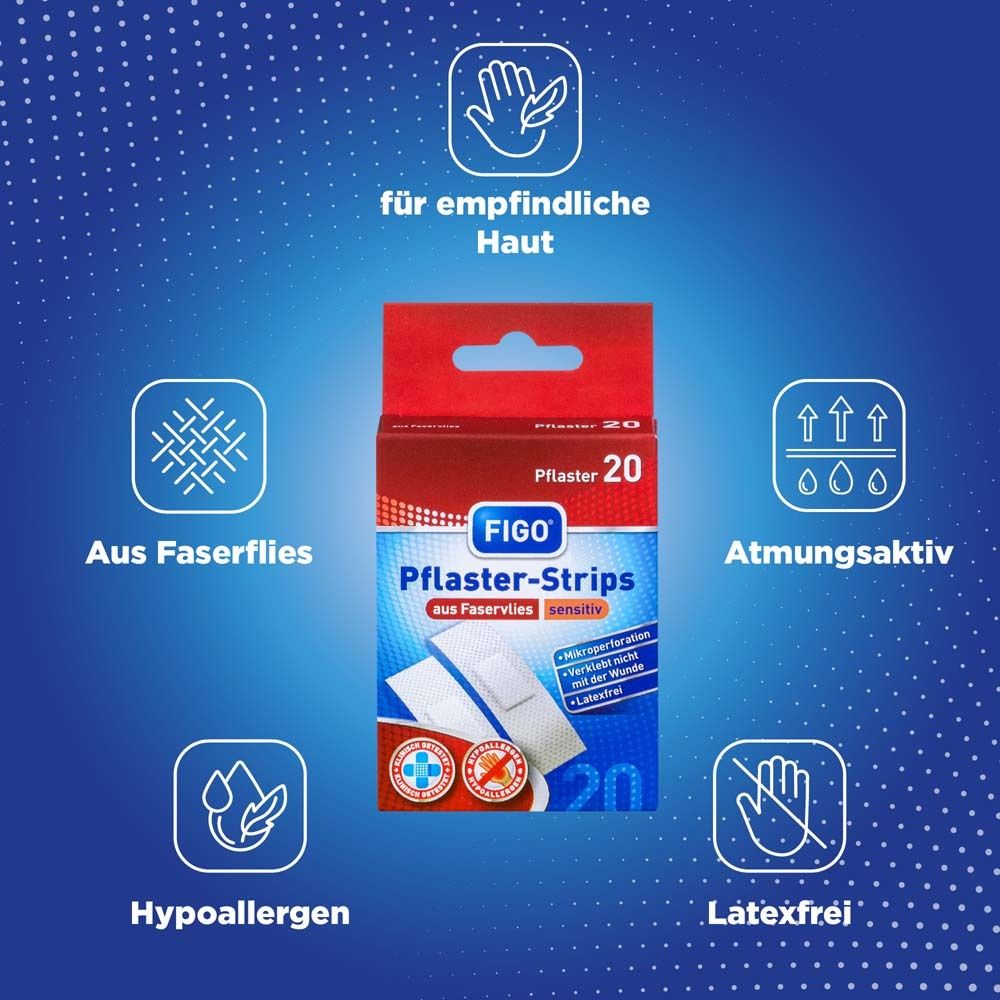 Grafik mit Icons und Text. Zeigt Eigenschaften von FIGO Pflaster-Strips sensitiv: Für empfindliche Haut, aus Faservlies, atmungsaktiv, hypoallergen, latexfrei.