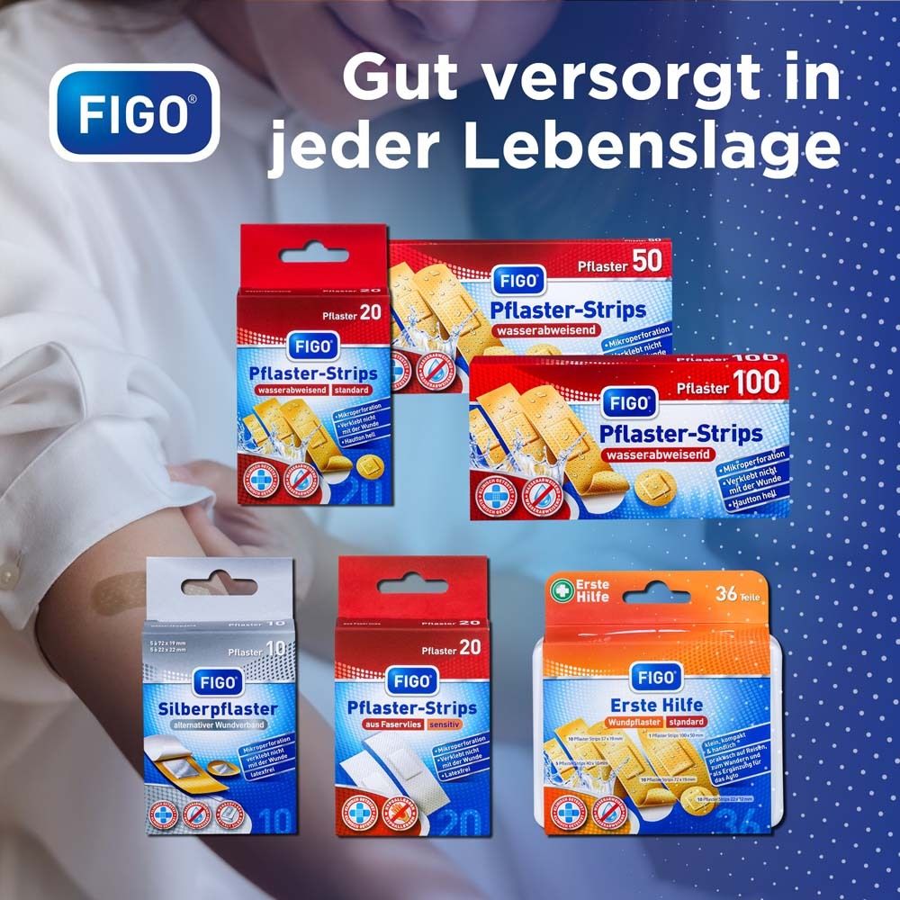 Verschiedene Verpackungen von FIGO Pflaster-Strips. Größen: 10, 20, 36, 50 und 100 Pflaster. Gezeigt: Erste Hilfe und Silberpflaster.