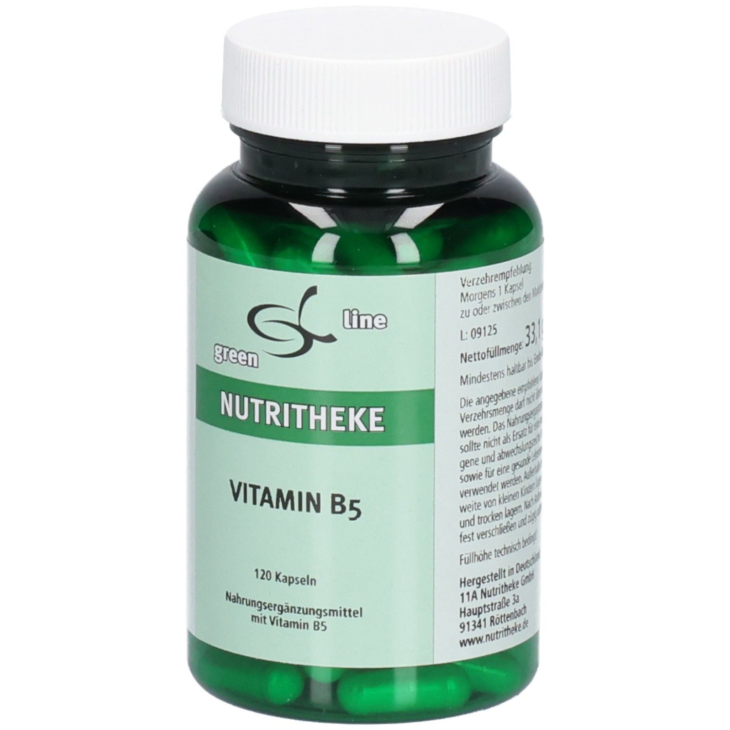 Grüne Kapseln in einer grünen Flasche mit weißem Deckel. Aufschrift: green line NUTRITHEKE Vitamin B5. 120 Kapseln.