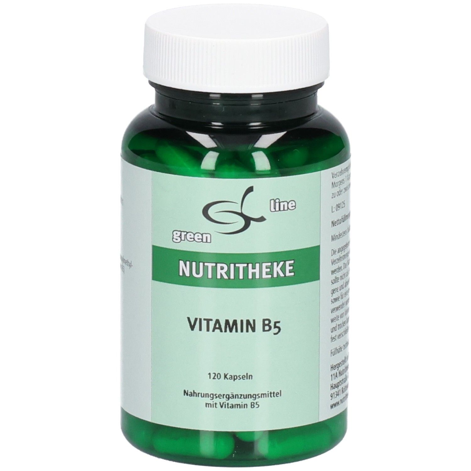 Grüne Kapseln in einer grünen Flasche mit weißem Deckel. Aufschrift: green line NUTRITHEKE Vitamin B5. 120 Kapseln.