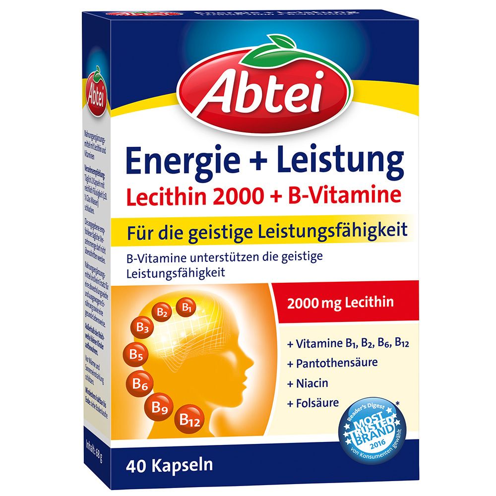 Abtei Energie + Leistung. Packung mit 40 Kapseln. Enthält Lecithin 2000 + B-Vitamine. Auszeichnung "Most Trusted Brand".