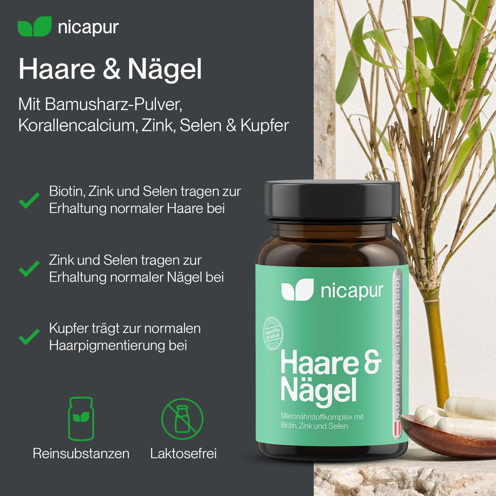 N कपur Haare & Nägel Kapseln: Mit Bamusharz, Korallen calcium, Zink, Selen & Kupfer. Für normales Haar und Nägel.