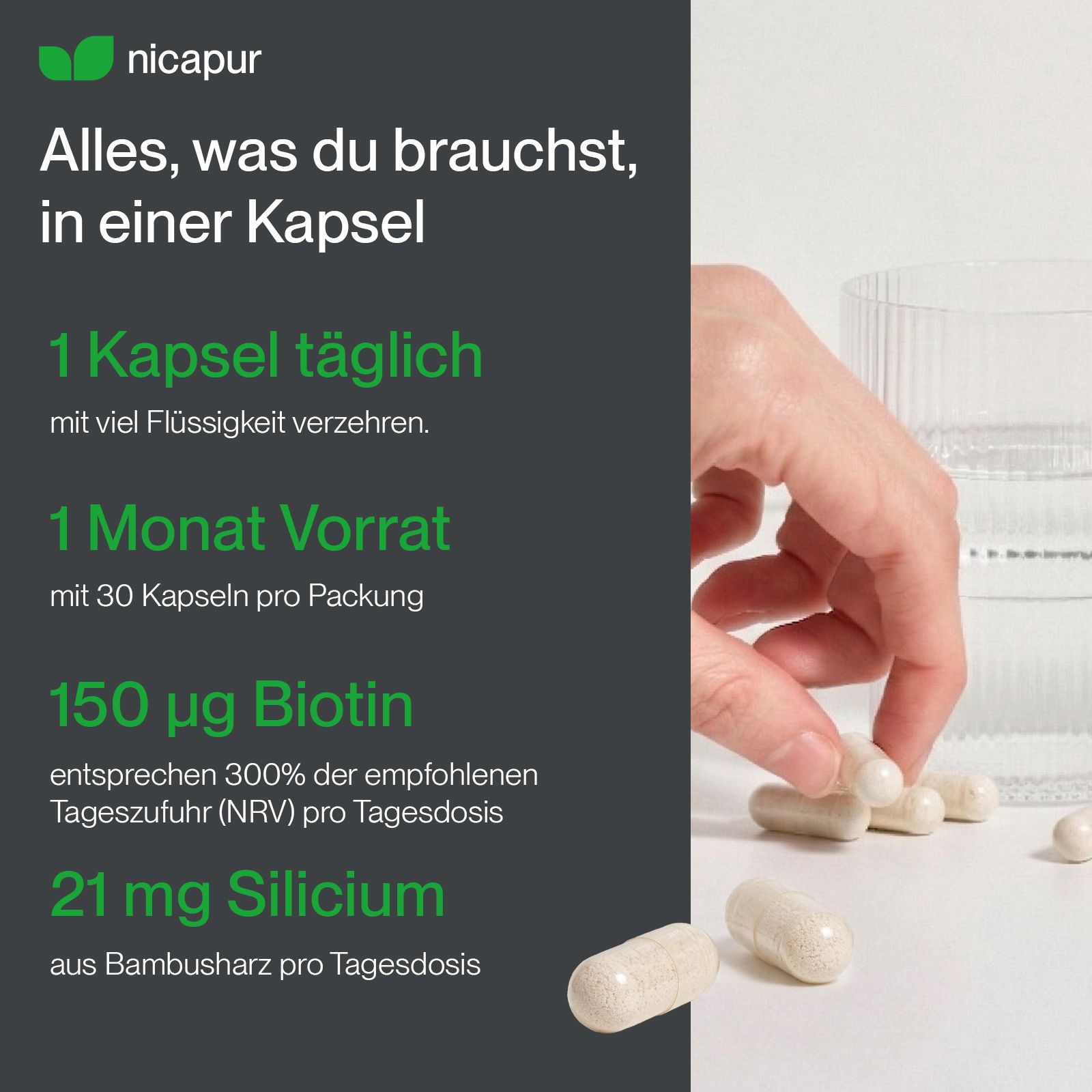 N কাপসুল mit Biotin und Silicium, 1 Monat Vorrat mit 30 Kapseln.