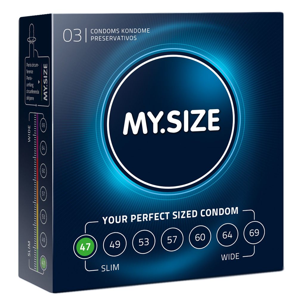 Verpackung von MY.SIZE 47 Kondomen. Blaue Schachtel mit Größenangaben. Aufschrift: YOUR PERFECT SIZED CONDOM. Größe 47 ist grün markiert.