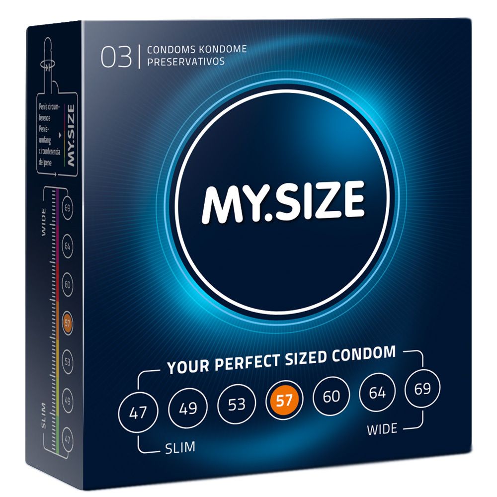 Packung MY.SIZE 57 Kondome, zeigt Größenübersicht und Markenlogo.