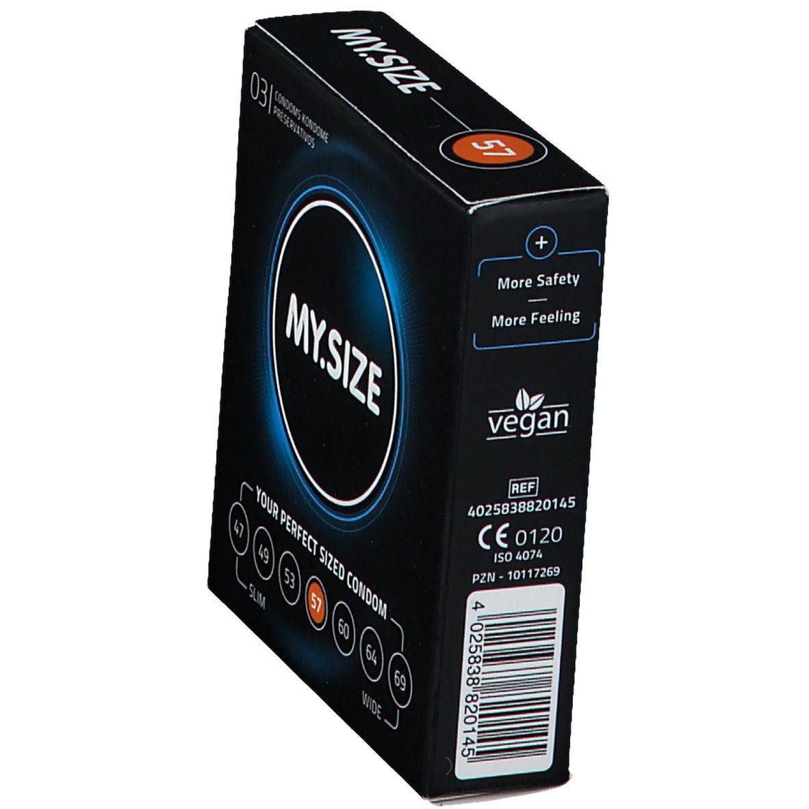 Schwarze Schachtel mit MY.SIZE-Logo und Größenangabe 57. Vegan-Siegel. Größen: 47, 49, 53, 57, 60, 64, 69.