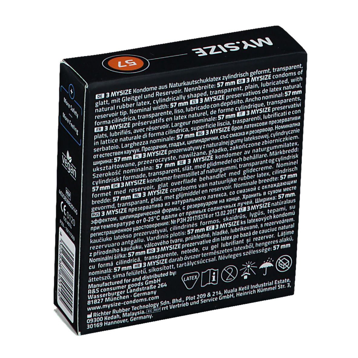 Rückseite der schwarzen MY.SIZE-Box mit Text. Enthält Informationen zu Inhaltsstoffen, Hersteller und Zertifizierungen.