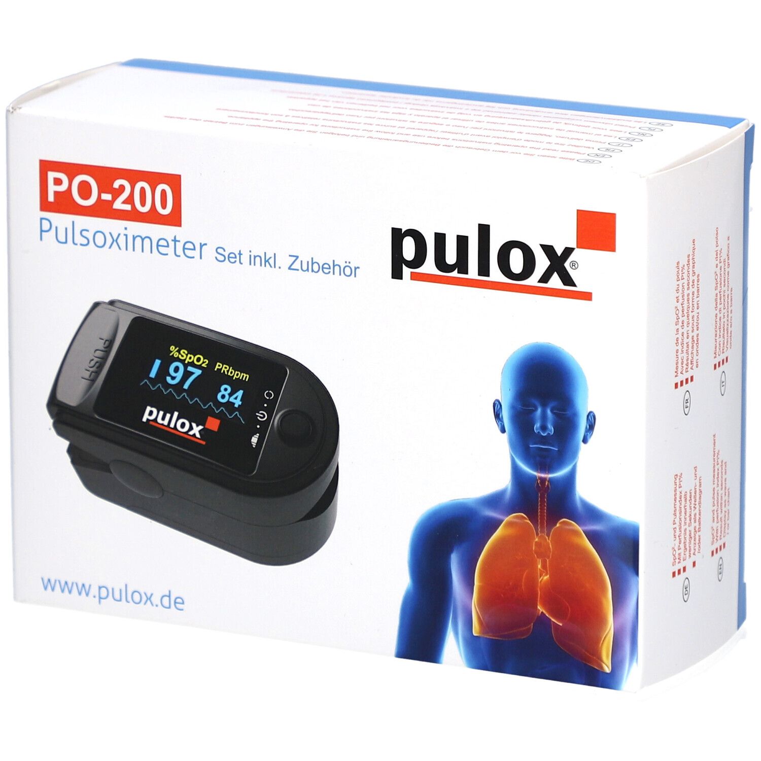 Pulox PO-200 Pulsoximeter-Set in Verpackung. Schwarzes Gerät mit Display. Marke pulox. Box mit Lungen-Illustration.