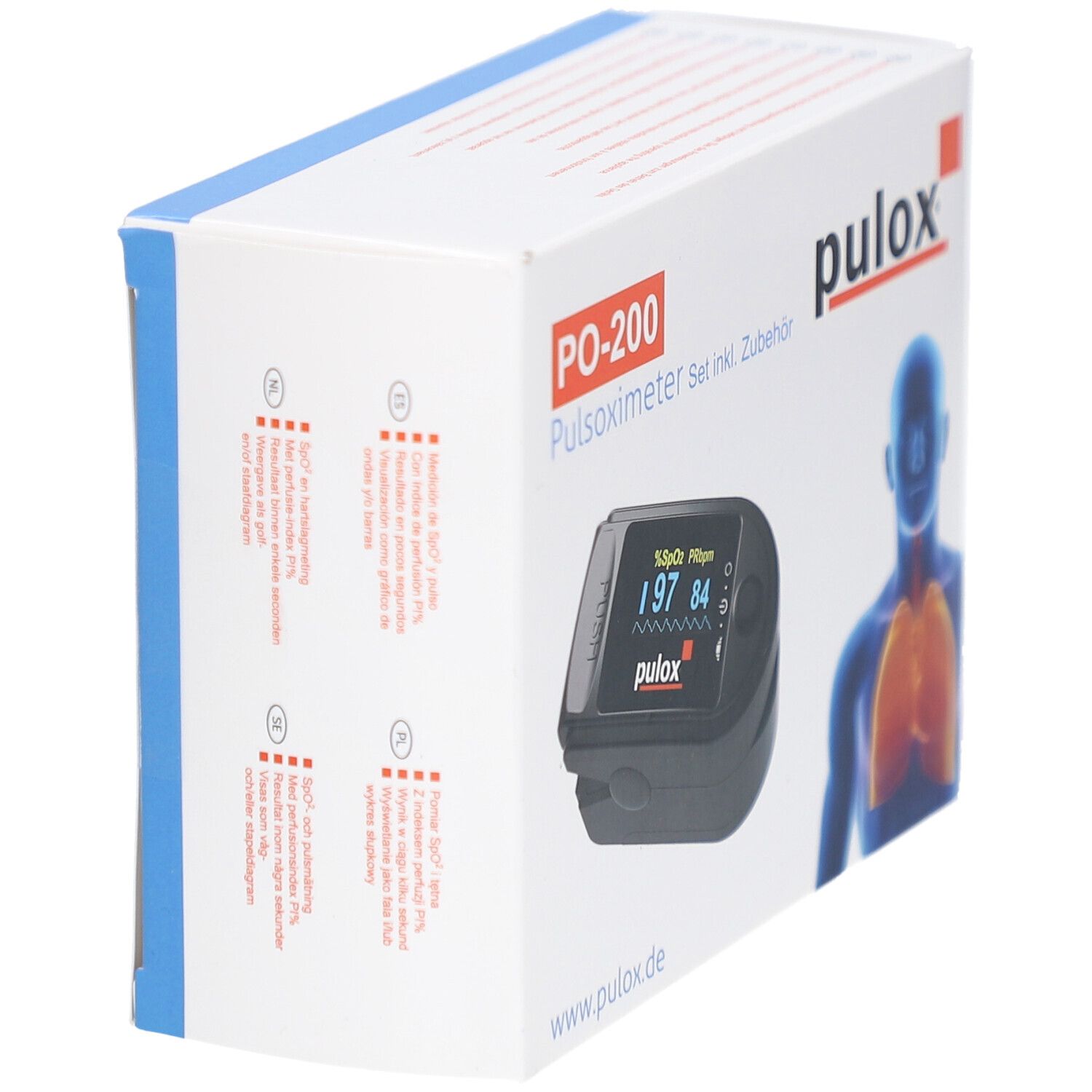 Pulox PO-200 Pulsoximeter-Set in Verpackung. Schwarzes Gerät mit Display. Marke pulox. Box mit Lungen-Illustration.