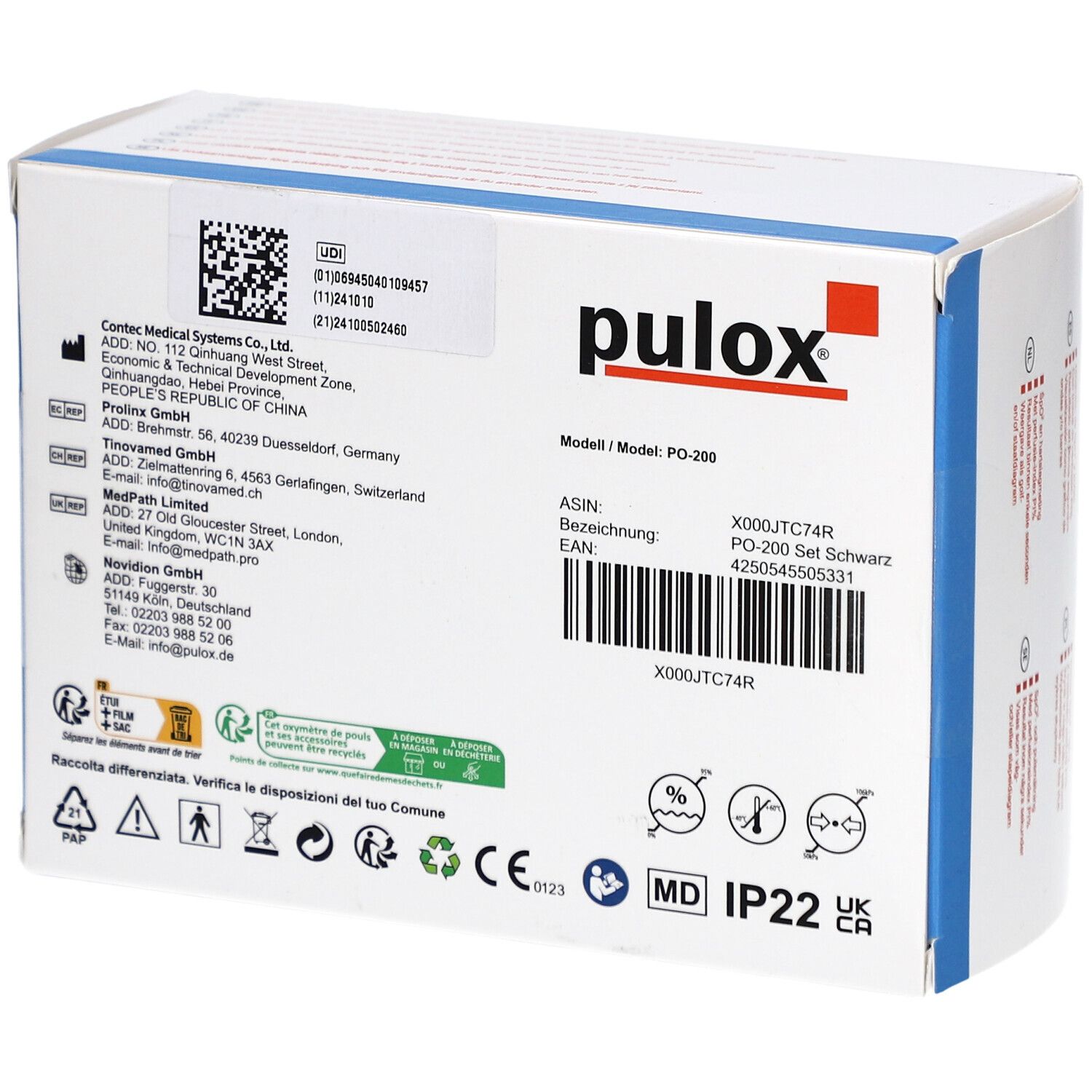Rückseite der Pulox PO-200 Verpackung. Informationen, Barcode, Logos, Zertifizierungen. Marke pulox. Schwarze und blaue Elemente.