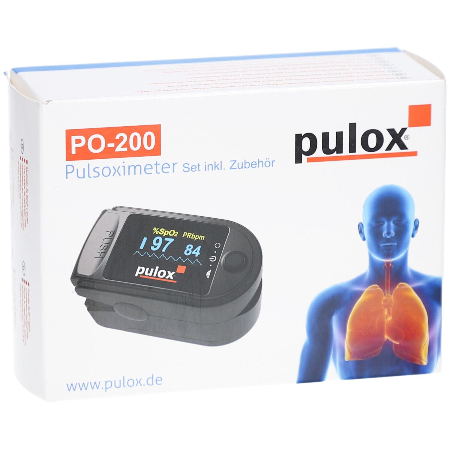 Pulox PO-200 Pulsoximeter-Set in Verpackung. Schwarzes Gerät mit Display. Marke pulox. Box mit Lungen-Illustration.