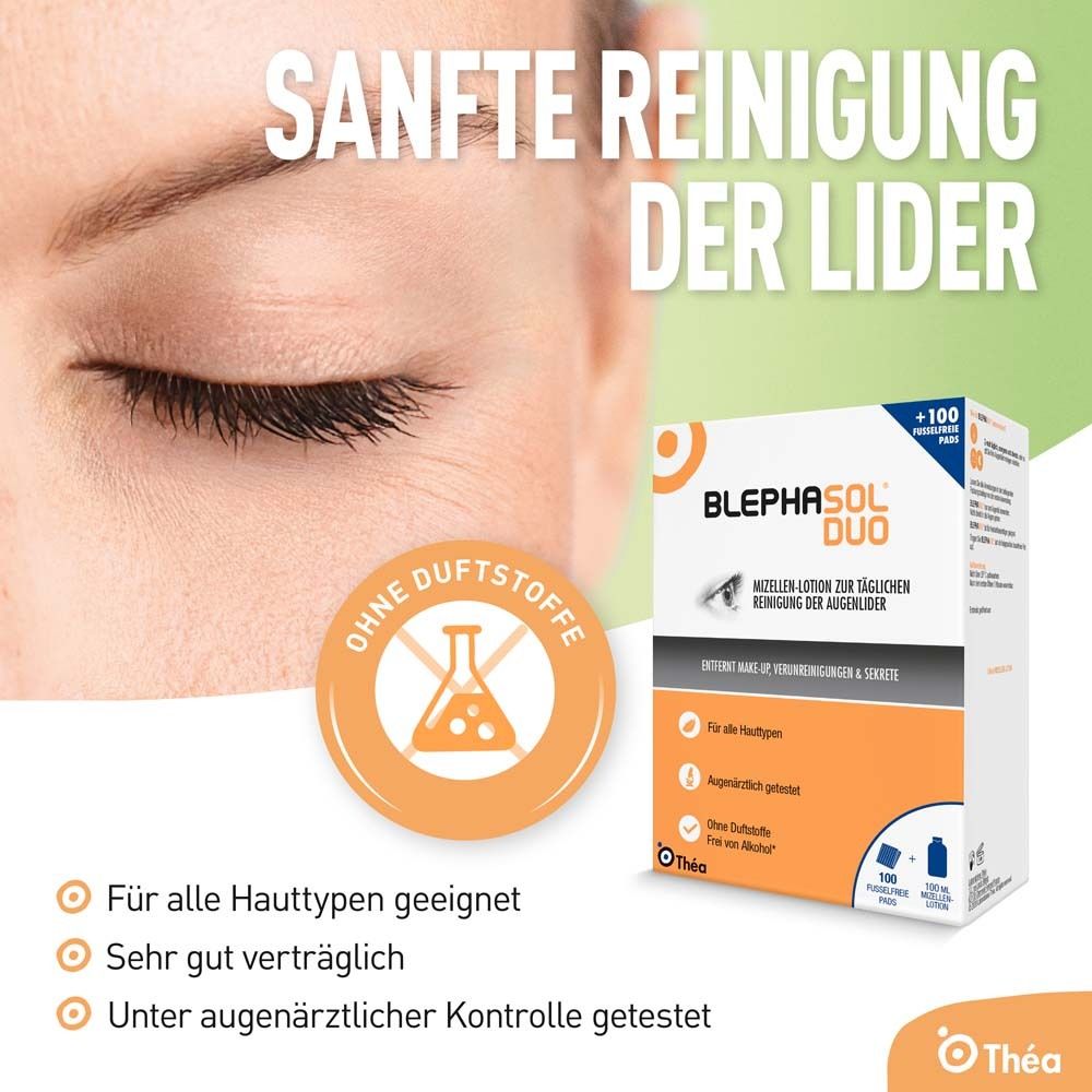 Werbung für Blephasol Duo. Nahaufnahme eines Auges. Text: Sanfte Reinigung der Lider. Logo und Produktverpackung im Hintergrund.