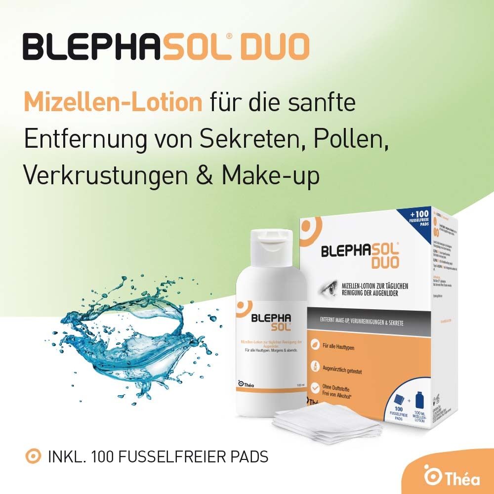 Blephasol Duo Packung mit Flasche und Pads. Text: Mizellen-Lotion für die sanfte Entfernung von Sekreten, Pollen, Verkrustungen & Make-up.