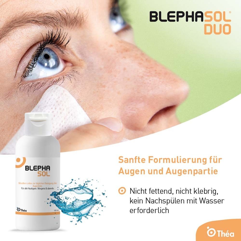 Flasche Blephasol Sol. Text: Sanfte Formulierung für Augen und Augenpartie. Nicht fettend, nicht klebrig, kein Nachspülen mit Wasser erforderlich.
