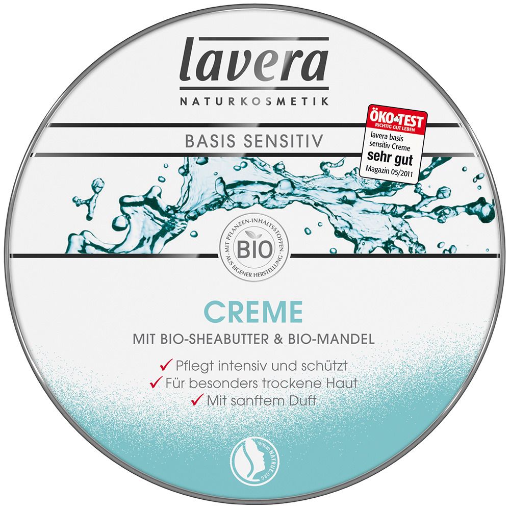 Runde Dose mit "lavera"-Logo und "Basis Sensitiv"-Aufschrift. "ÖKO-TEST"-Siegel. Text: "Creme mit Bio-Sheabutter & Bio-Mandel".