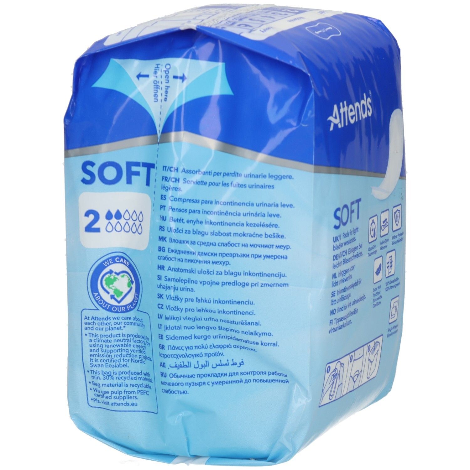 Attends Soft 2 Normal Einlagen. Verpackung mit Produktinformationen. Text in verschiedenen Sprachen.