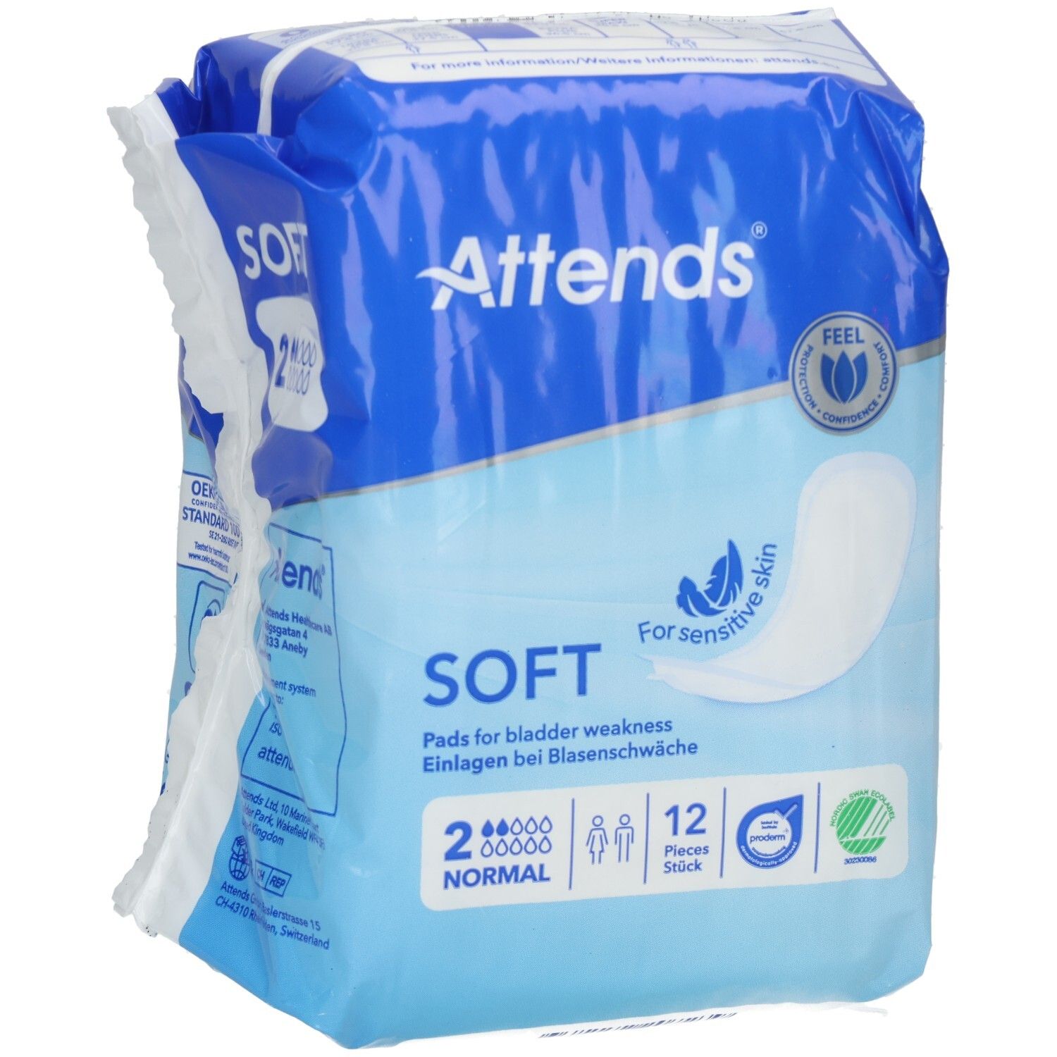 Attends Soft 2 Normal Einlagen. Verpackung mit Produktabbildung und Text. 12 Stück.