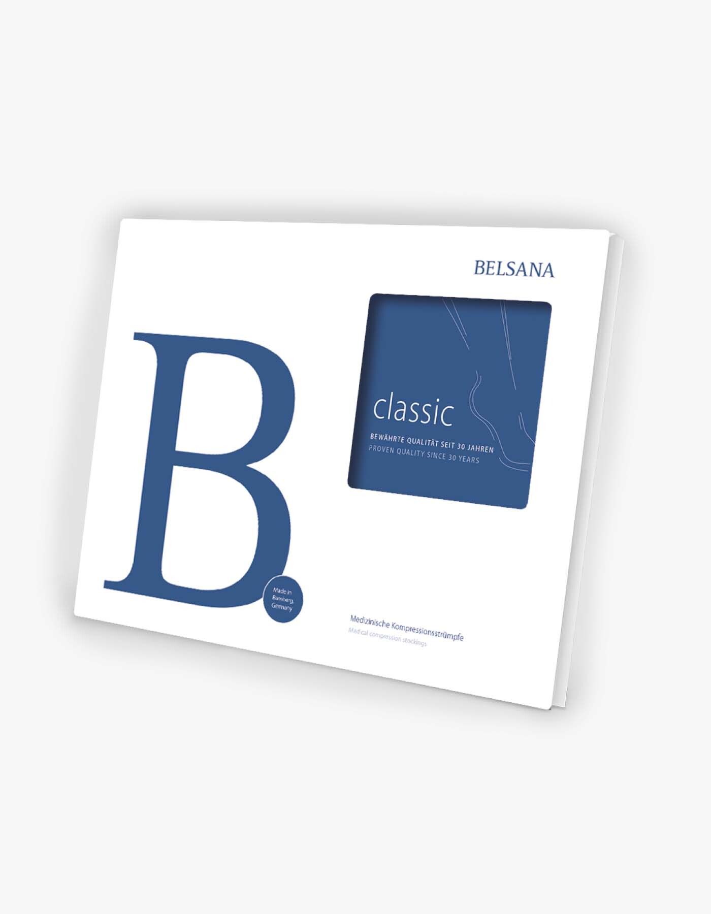 Verpackung von BELSANA. Weißes Karton mit blauem "B" und Fenster. "classic" und "Medizinische Kompressionsstrümpfe" sind sichtbar.