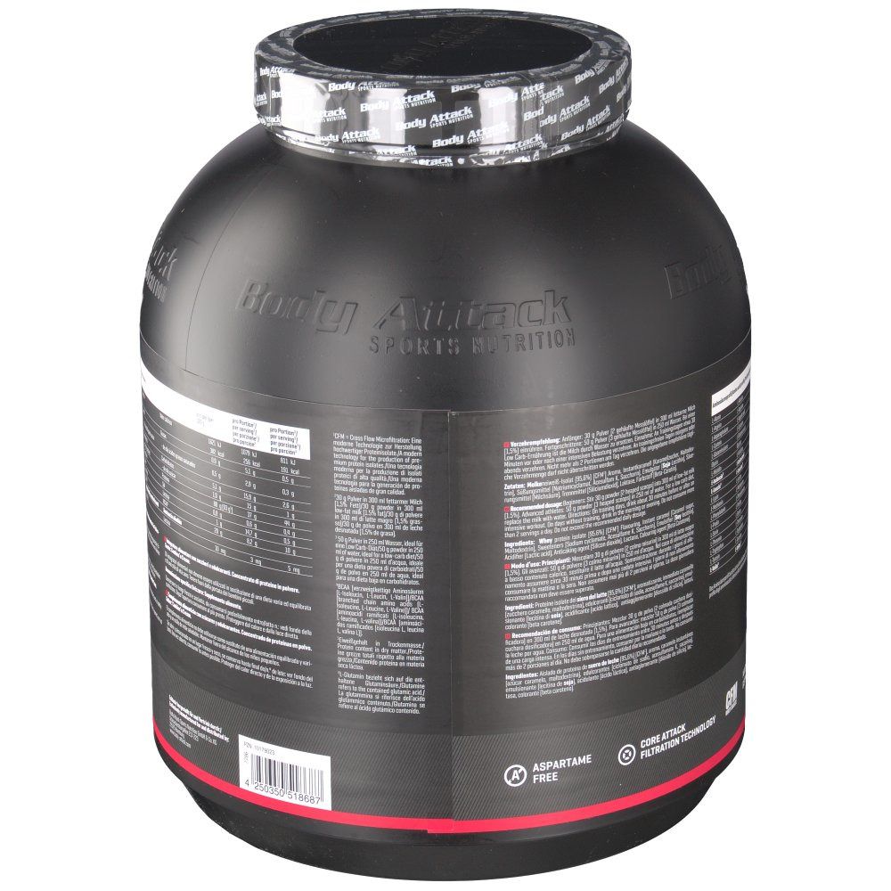 Schwarze Dose mit Nährwertangaben und Text. "Body Attack"-Logo. Aspartamfrei und CFM-Siegel.