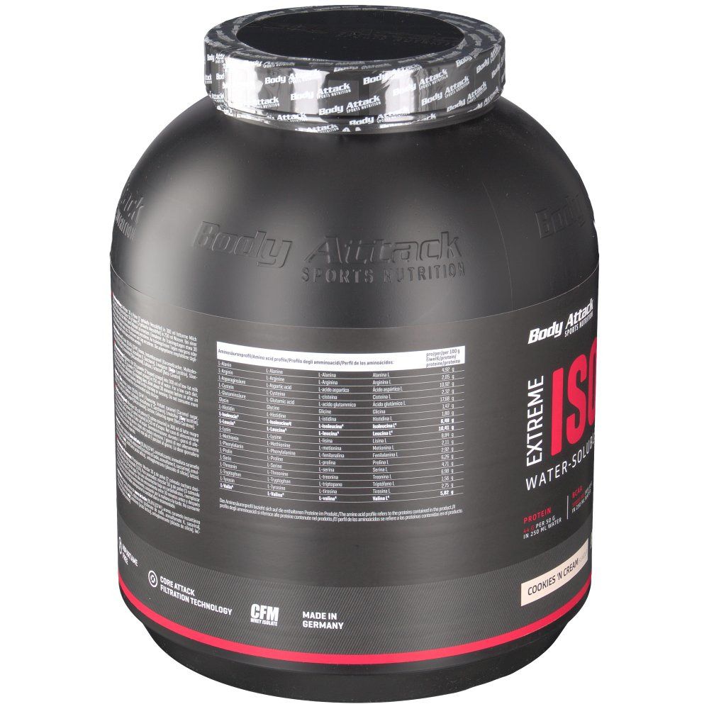 Schwarze Dose mit Nährwertangaben. "Body Attack"-Logo. "Extreme ISO Whey" und "Cookies 'N Cream". CFM-Siegel. Hergestellt in Deutschland.