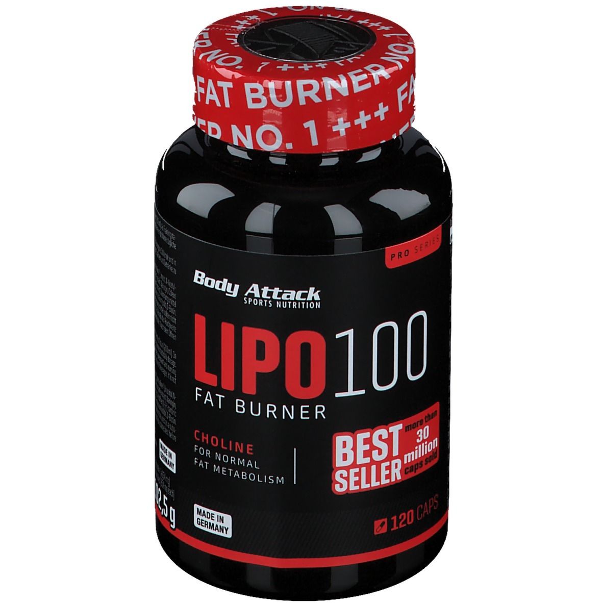 Schwarze Flasche mit rotem Deckel. Aufschrift: LIPO 100, Fat Burner, Best Seller. 120 Kapseln. Hergestellt in Deutschland.