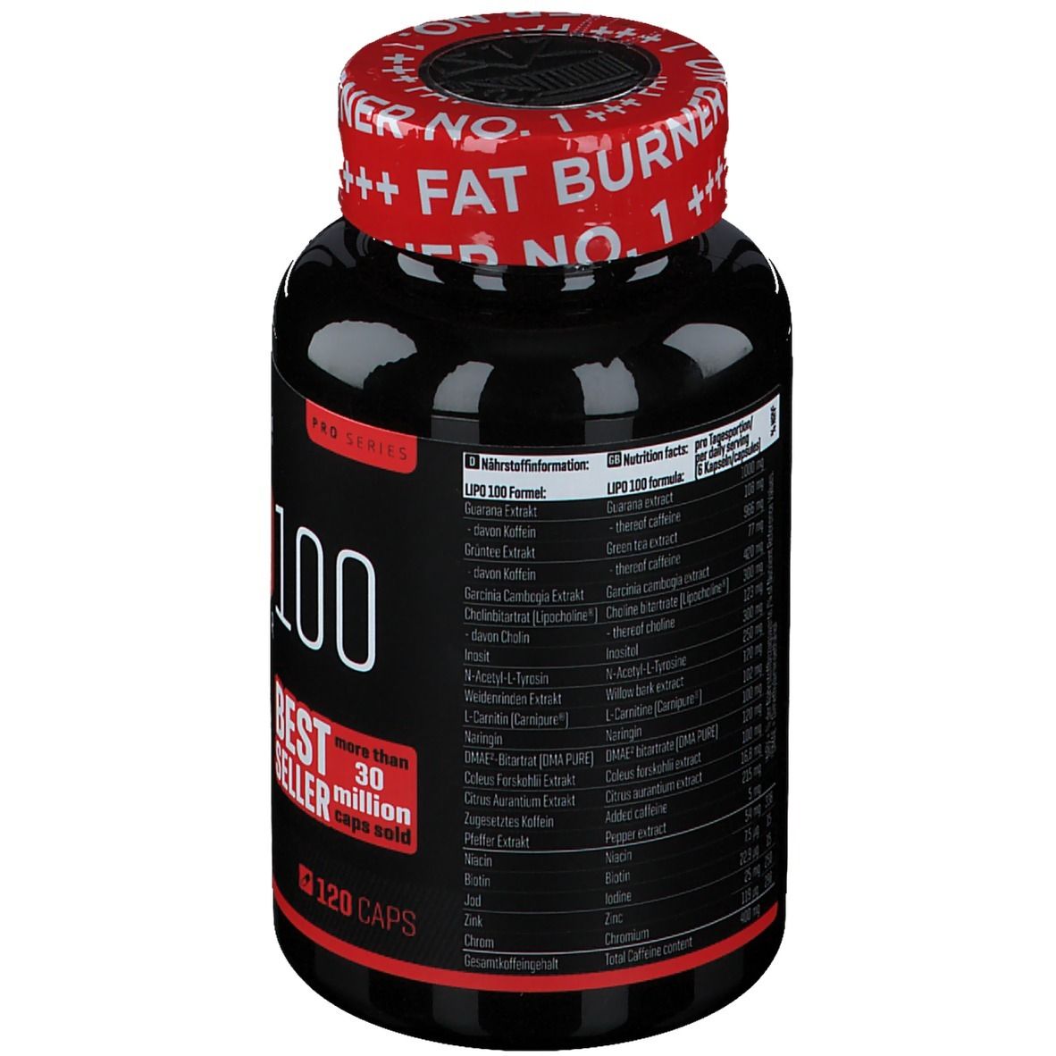 Schwarze Flasche mit rotem Deckel. Aufschrift: LIPO 100. Nährwertinformationen und Inhaltsstoffe auf der Rückseite.