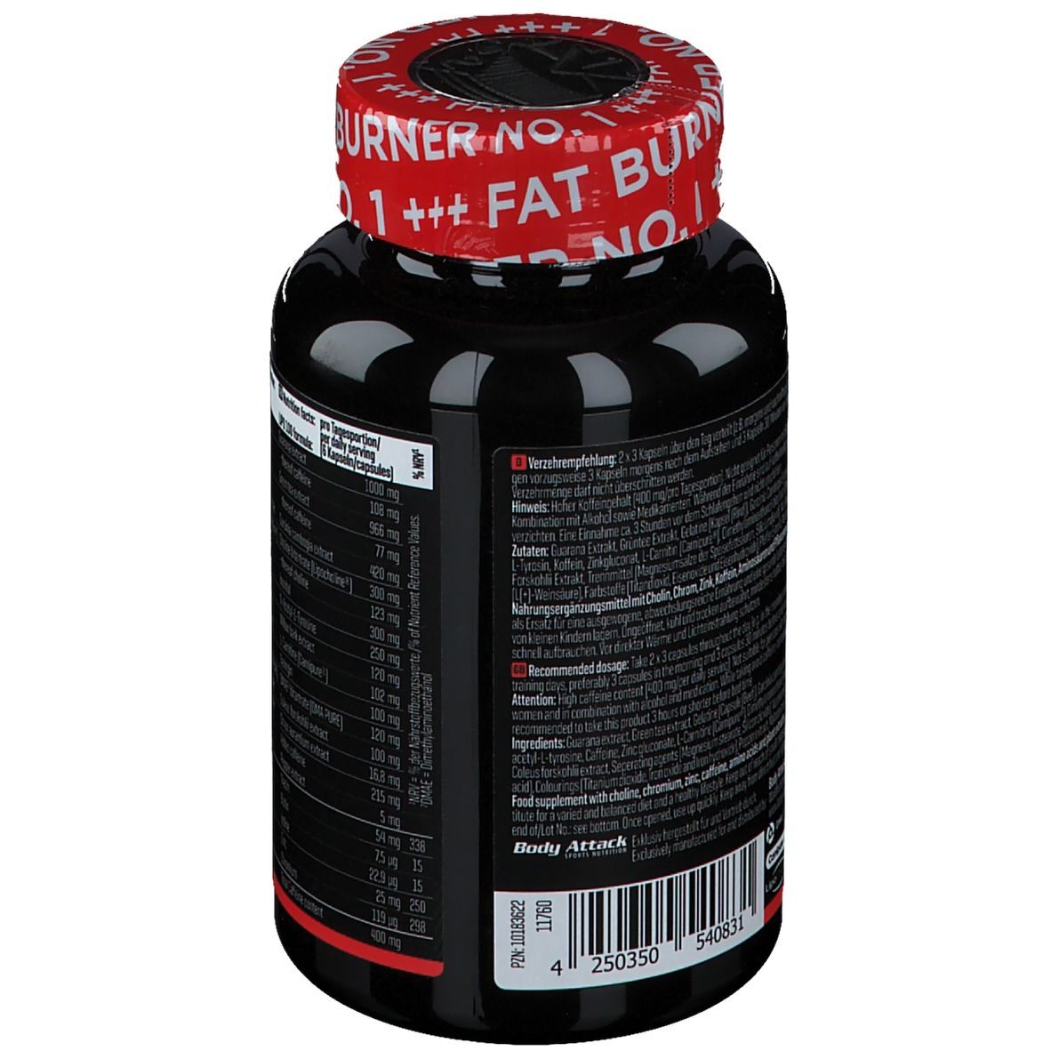 Schwarze Flasche mit rotem Deckel. Rückseite mit Text. Herstellerinformationen und Inhaltsstoffe.