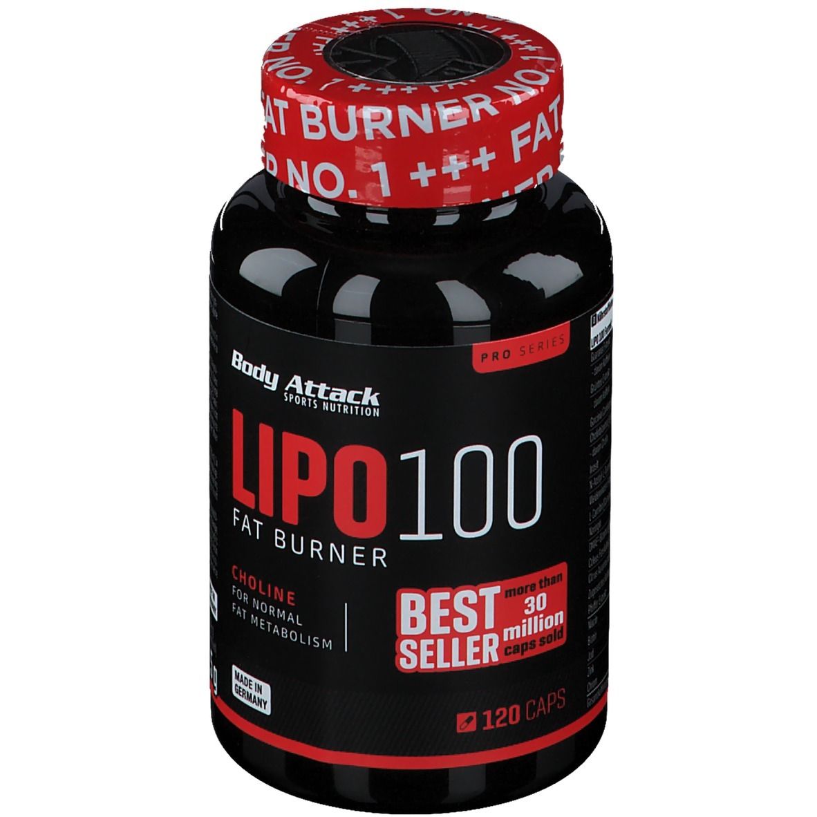 Schwarze Flasche mit rotem Deckel. Aufschrift: LIPO 100, Fat Burner, Best Seller. 120 Kapseln.