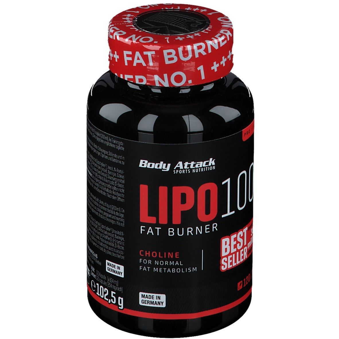 Schwarze Flasche mit rotem Deckel. Aufschrift: LIPO 100, Fat Burner, Best Seller. 120 Kapseln. 102,5g.