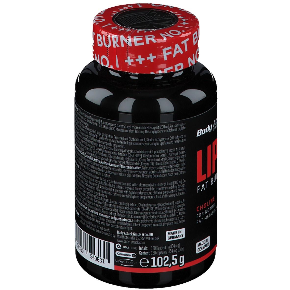 Schwarze Flasche mit rotem Deckel. Aufschrift: LIPO 100. Rückseite mit Text und Herstellerinformationen. 102,5g.