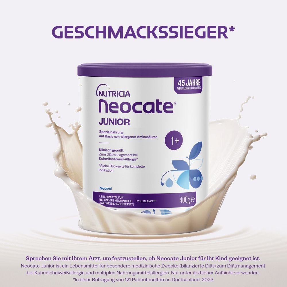 Neocate Junior Dose mit Milchspritzern. Text: Geschmackssieger. 45 Jahre wegweisende Forschung.