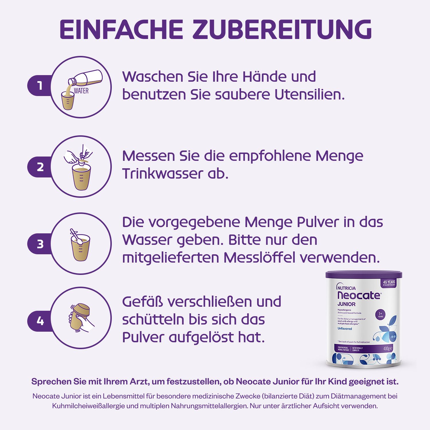 Anleitung zur Zubereitung von Neocate Junior. 4 Schritte mit Illustrationen und Text.