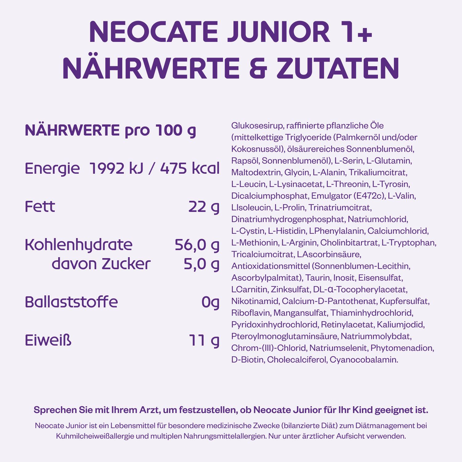 Nährwerttabelle von Neocate Junior. Angaben pro 100g. Enthält Energie, Fett, Kohlenhydrate, Ballaststoffe und Eiweiß.
