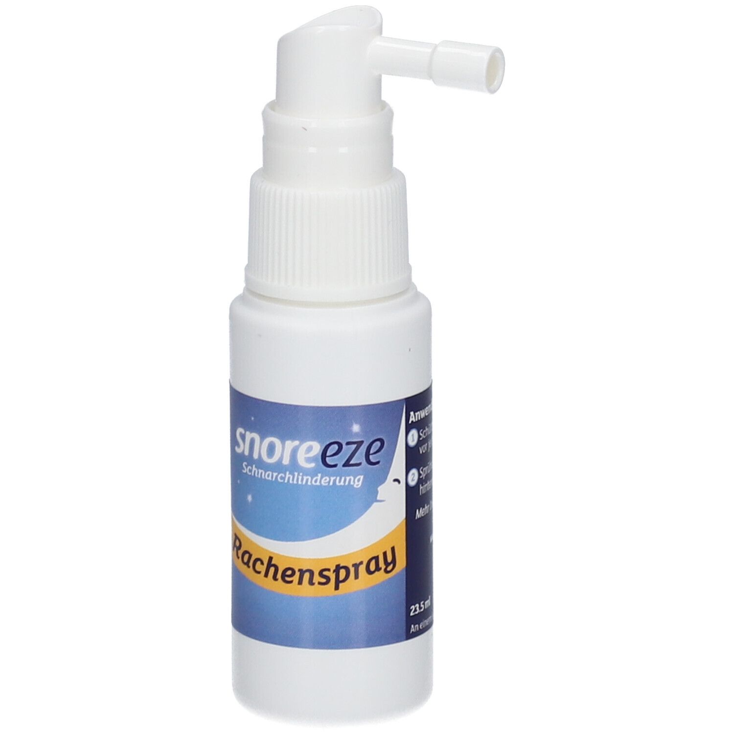 Weiße Sprühflasche mit blauem Etikett. Produktname und Bezeichnung 'Rachenspray' sichtbar.