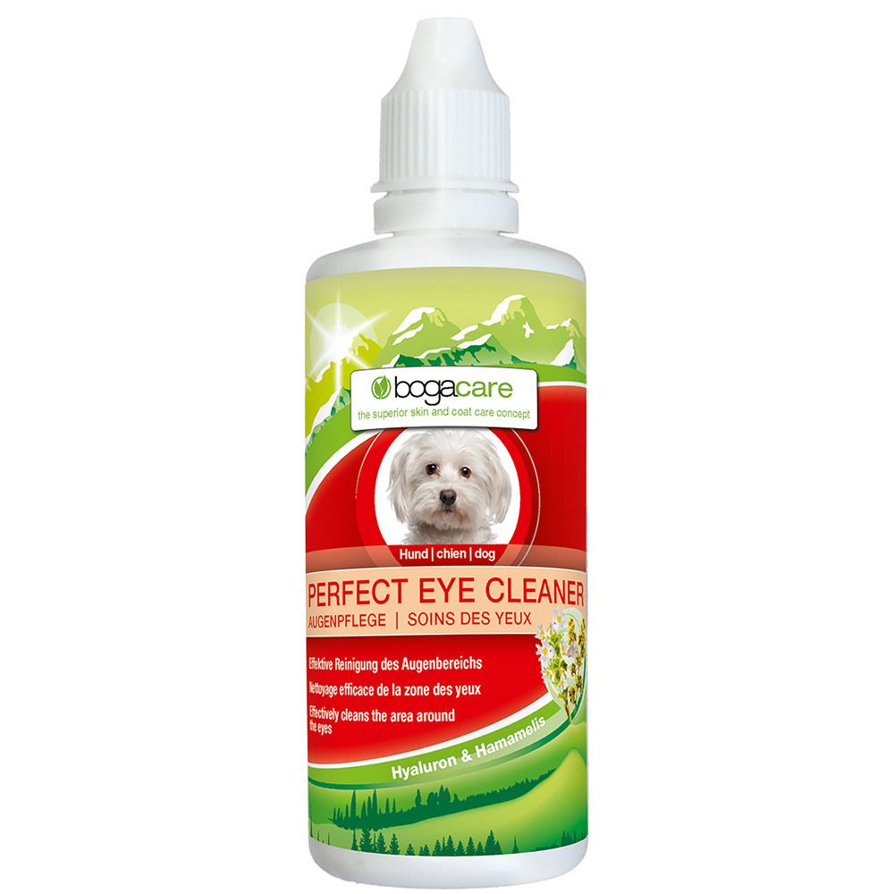 Weiße Flasche mit grünen und roten Akzenten. Aufschrift: PERFECT EYE CLEANER. Abbildung eines Hundes. Enthält Hyaluron & Hamamelis.