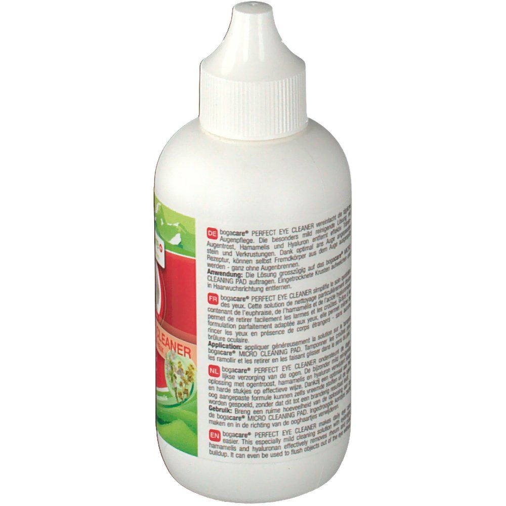 Weiße Flasche mit Text. Aufschrift: PERFECT EYE CLEANER. Rückseite mit Produktinformationen in verschiedenen Sprachen.