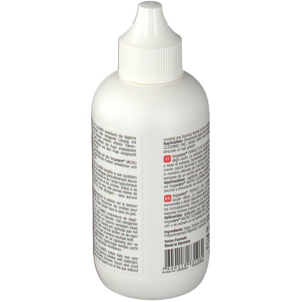 Weiße Flasche mit Text. Aufschrift: PERFECT EYE CLEANER. Rückseite mit Produktinformationen in verschiedenen Sprachen.