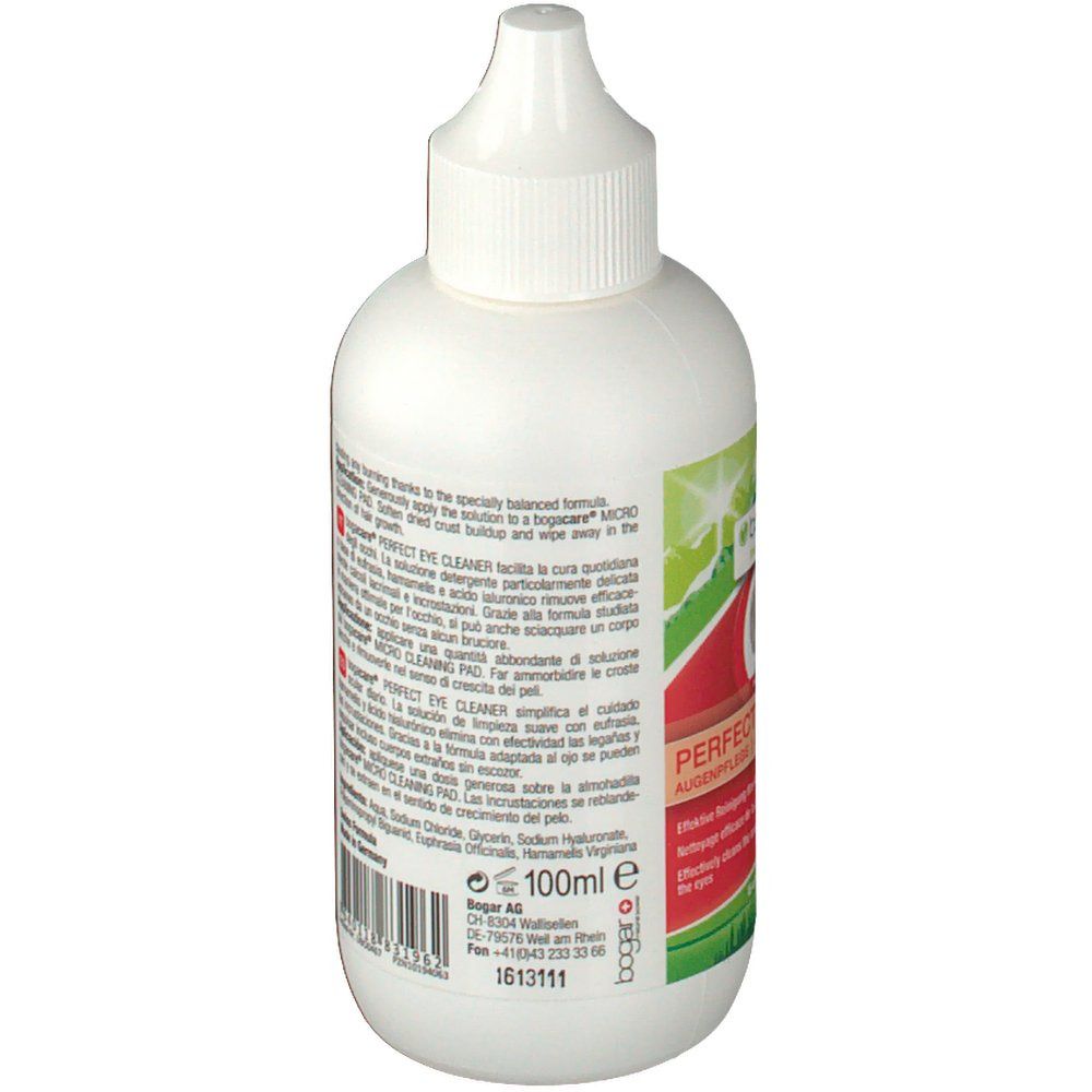 Weiße Flasche mit Text. Aufschrift: PERFECT EYE CLEANER. Enthält 100ml. Rückseite mit Produktinformationen in verschiedenen Sprachen.