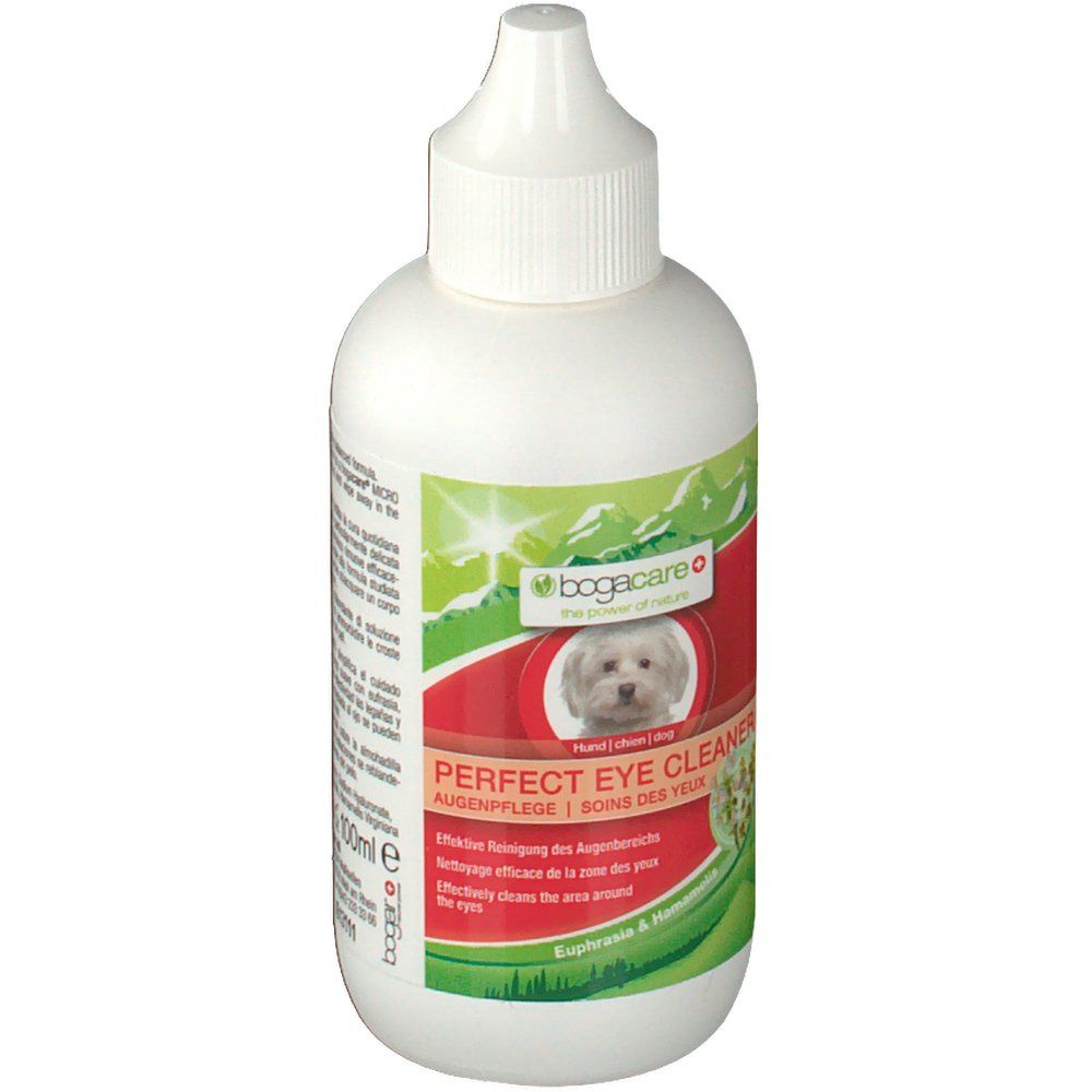 Weiße Flasche mit grünen und roten Akzenten. Aufschrift: PERFECT EYE CLEANER. Abbildung eines Hundes. Enthält 100ml.
