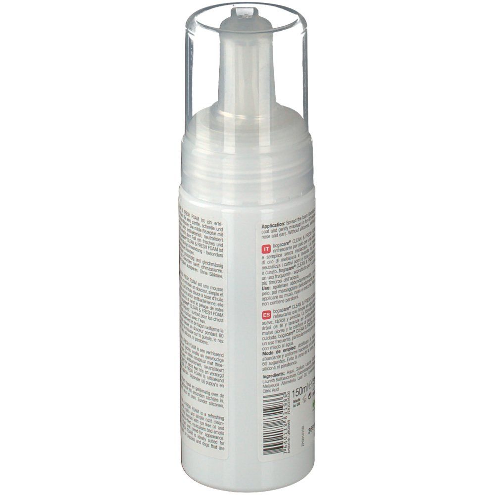 Produktflasche, Rückansicht. Weißer Behälter mit Text. Transparenter Pumpkopf. Etikett mit Produktinformationen und Barcode.