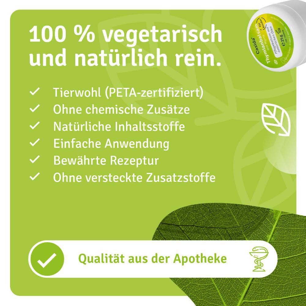 Produkt mit Text. Casida Thymianbalsam mit Myrte für Kinder. 25g. 100% vegetarisch und natürlich rein. Qualität aus der Apotheke.