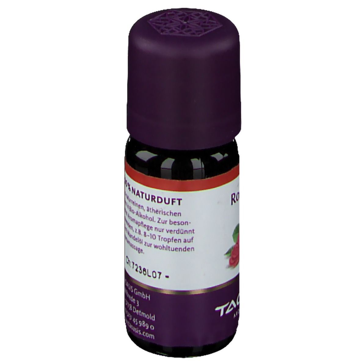 Braune Glasflasche mit lila Verschluss. Etikett mit Text und "100% Naturduft". "TAOASIS" und "Rosenduft" sichtbar.