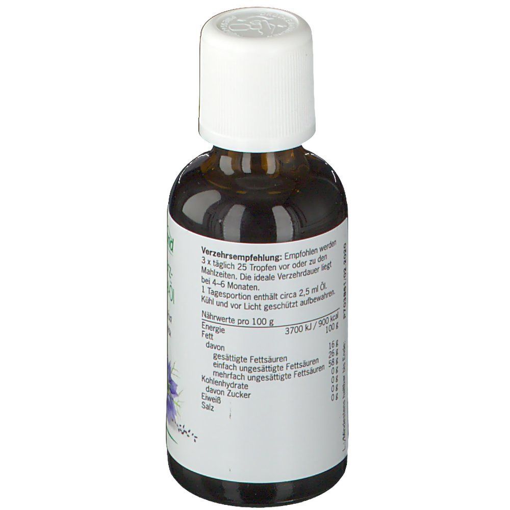 Braune Glasflasche mit weißem Deckel. Rückseite mit Nährwertangaben und Verzehrempfehlung.