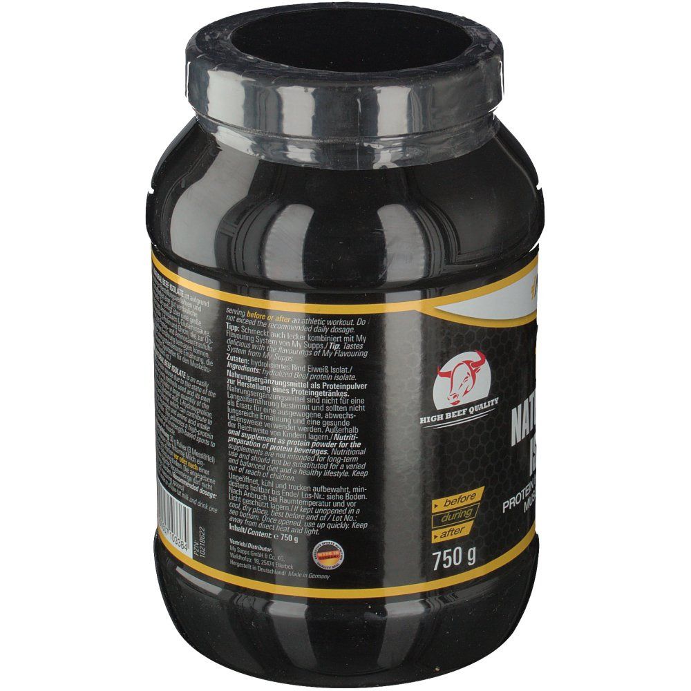 Schwarzer Behälter mit gelben Akzenten. Aufschrift: 750 g. Produktabbildung.