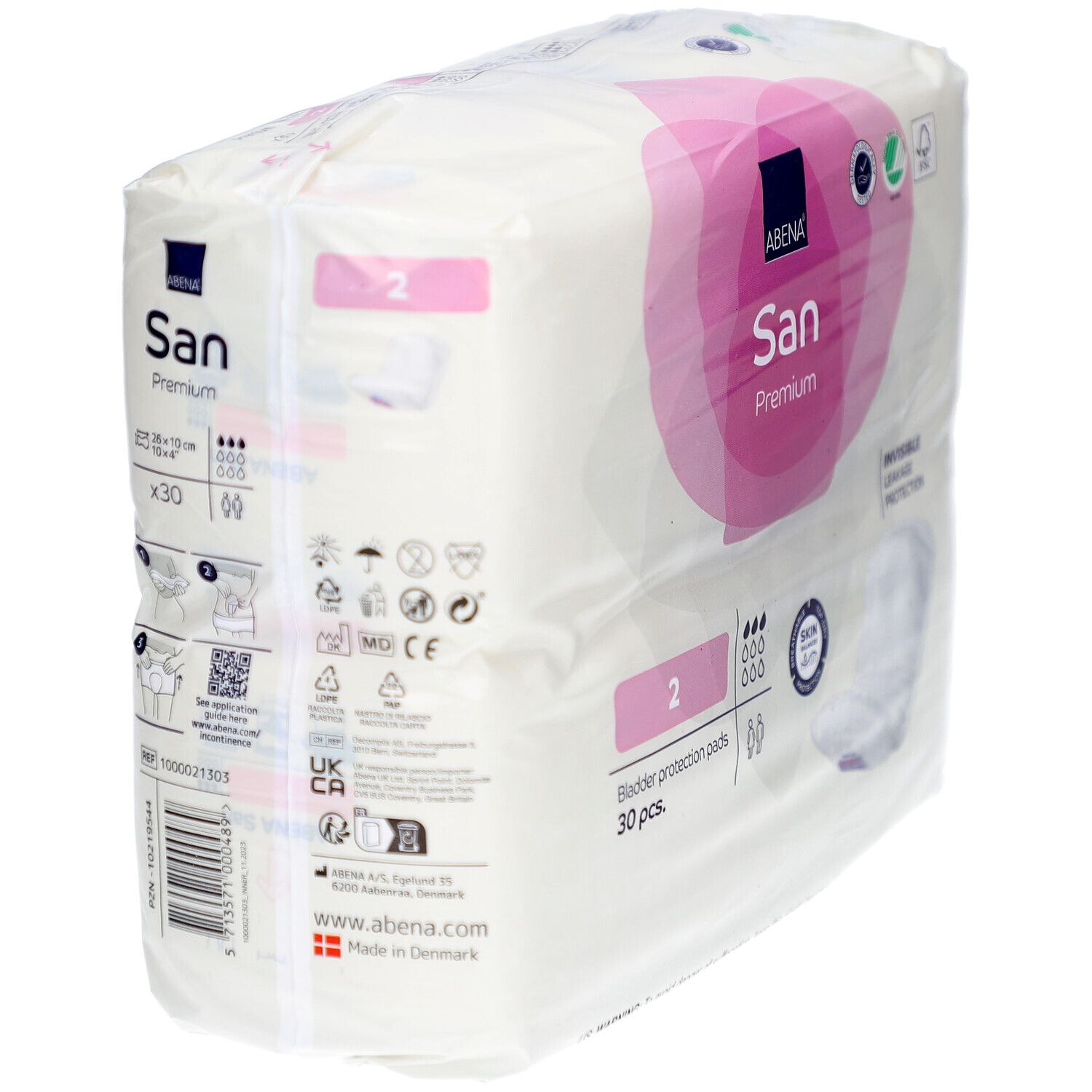 Abena San Premium Verpackung, Ansicht von der Seite. Produktname, Logo und weitere Informationen auf der Verpackung.