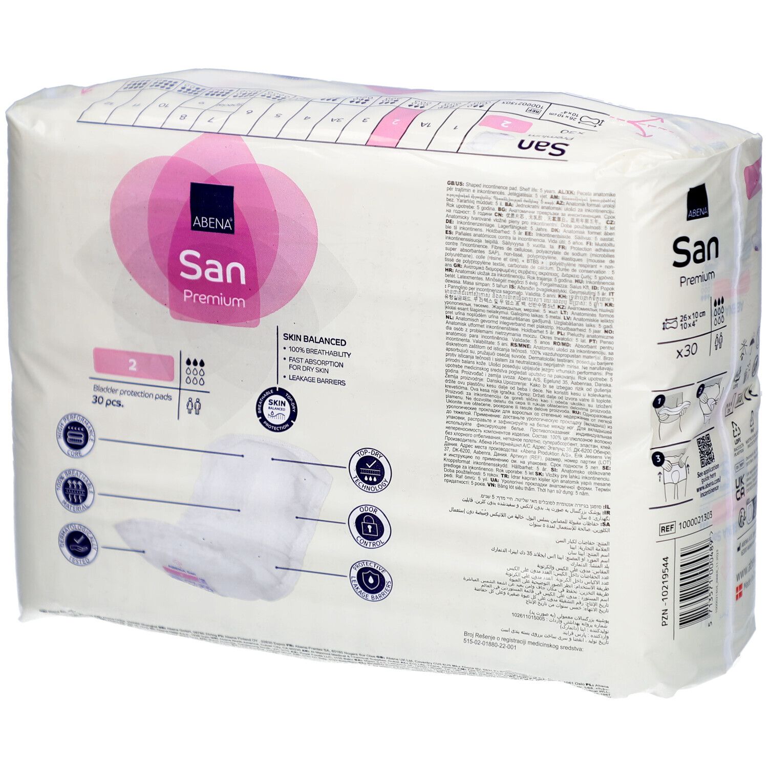 Abena San Premium Verpackung. Produktname, Logo und weitere Informationen auf der Verpackung. 30 Stück, Größe 2.