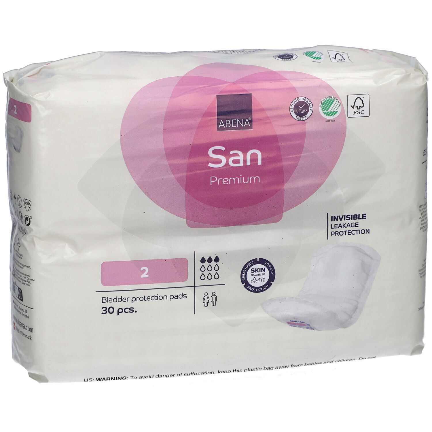 Verpackung mit Abena San Premium Einlagen. Rosa-weiße Verpackung mit Produktbezeichnung und Logo. 30 Stück, Größe 2.