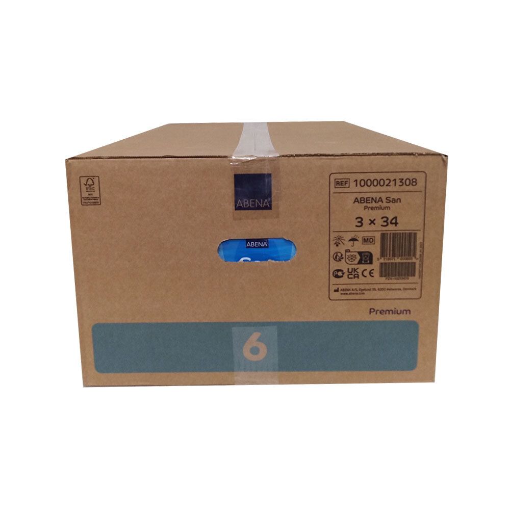 Kartonverpackung mit ABENA San Premium Vorlagen. Sichtbar sind das ABENA-Logo, Produktinformationen und die Zahl 6.