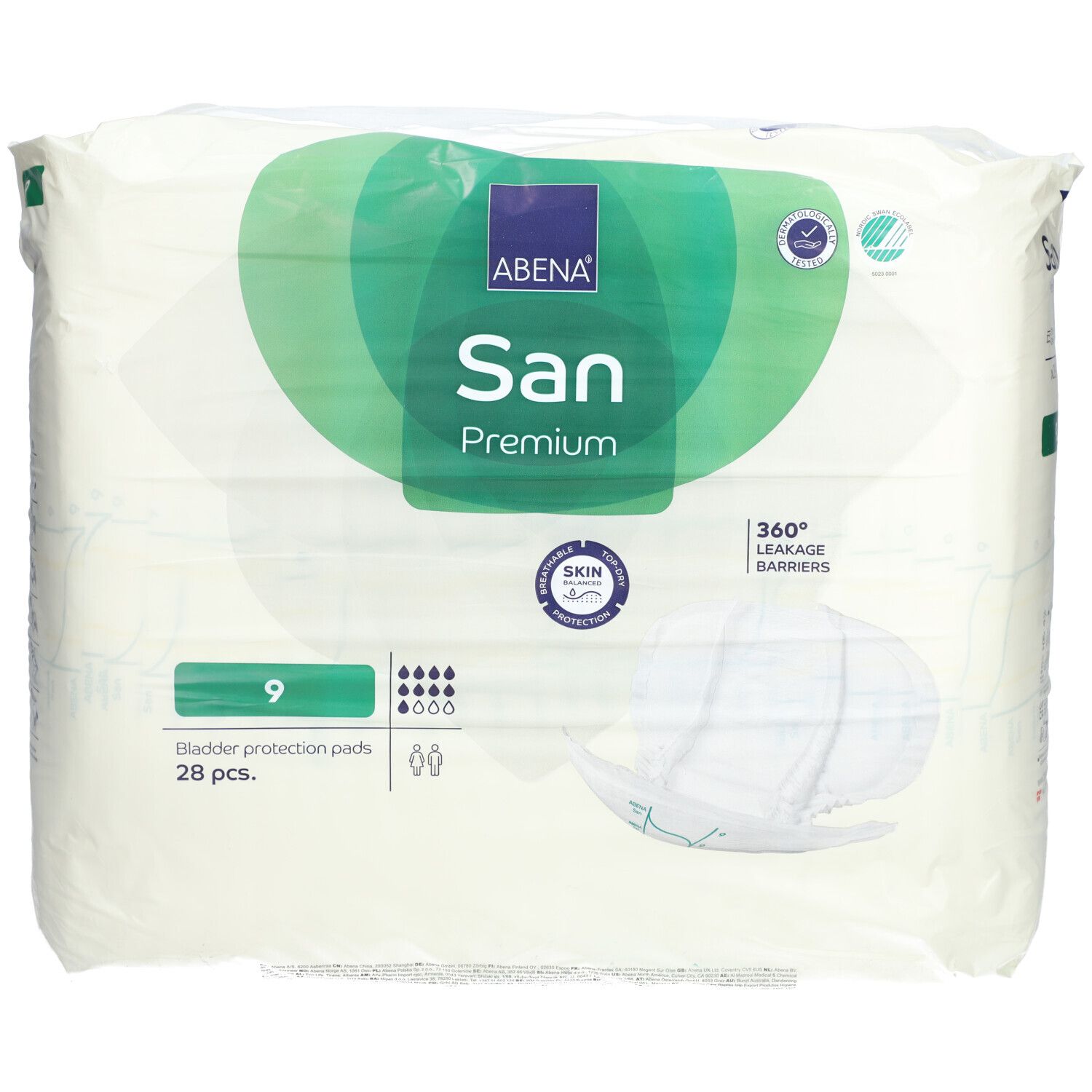 Abena San Premium 9 Inkontinenzvorlagen. Verpackung mit Produktabbildung und Produktinformationen. Sichtbar: 28 Stück, Größe 9.