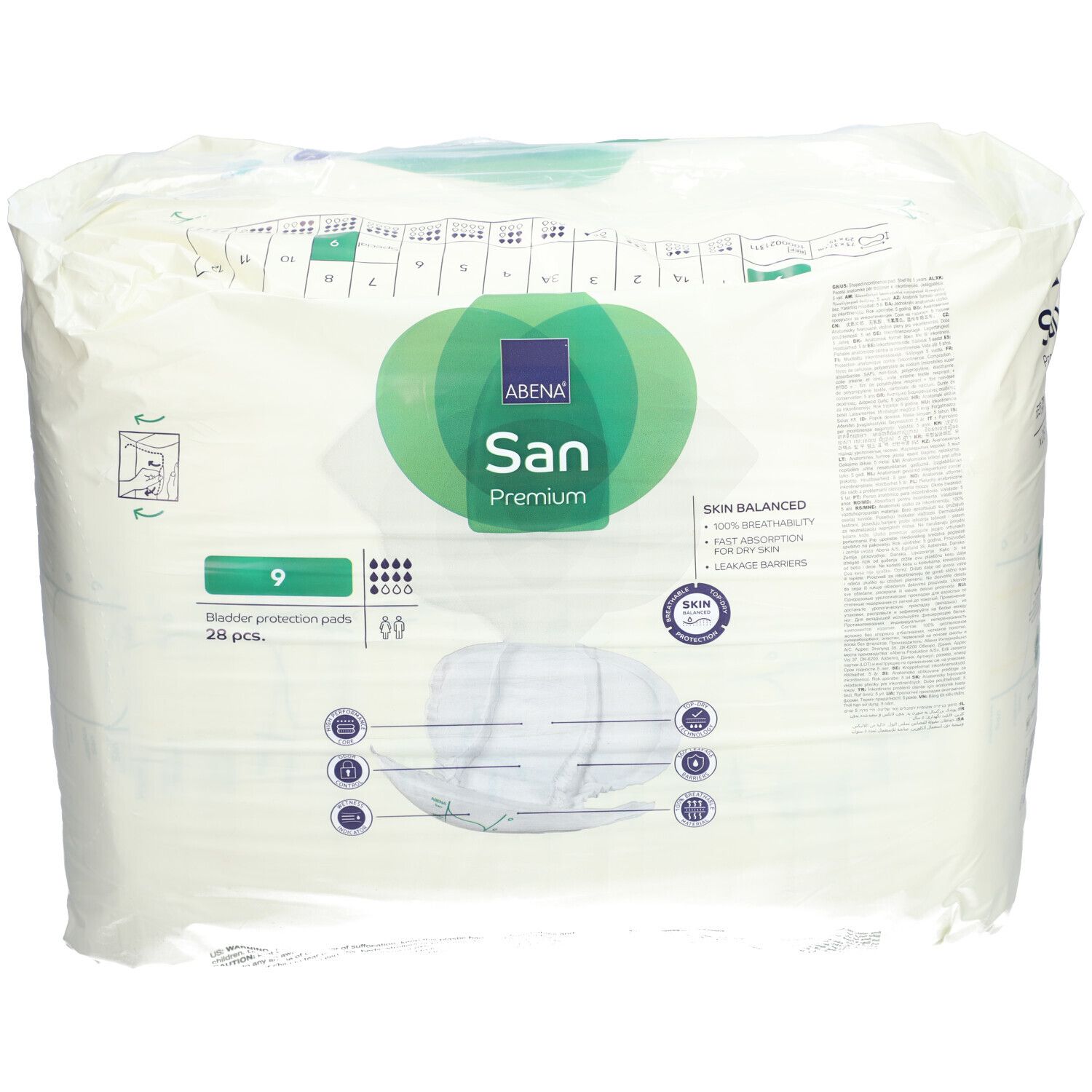 Abena San Premium 9 Inkontinenzvorlagen. Verpackung mit Produktabbildung und Produktinformationen. Sichtbar: 28 Stück, Größe 9.